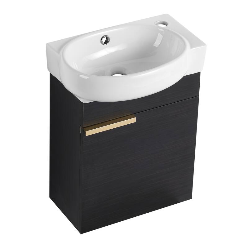 Wall Mounted Bathroom Vanity with Ceramic Sink, Soft-Close Door Hinges, Black Chestnut Finish for Small Spaces