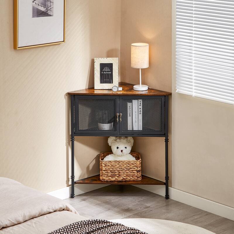 VECELO 3-Tier Corner Shelf with Storage Cabinet and Doors, Metal Frame Corner Cabinet