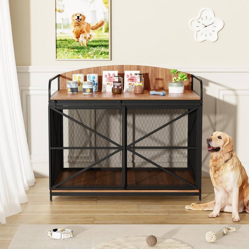 Wood Large Dog Crate Furniture with Curved Back Panel and Sliding Door, Dog Kennel Indoor End Table, Decorative Pet House