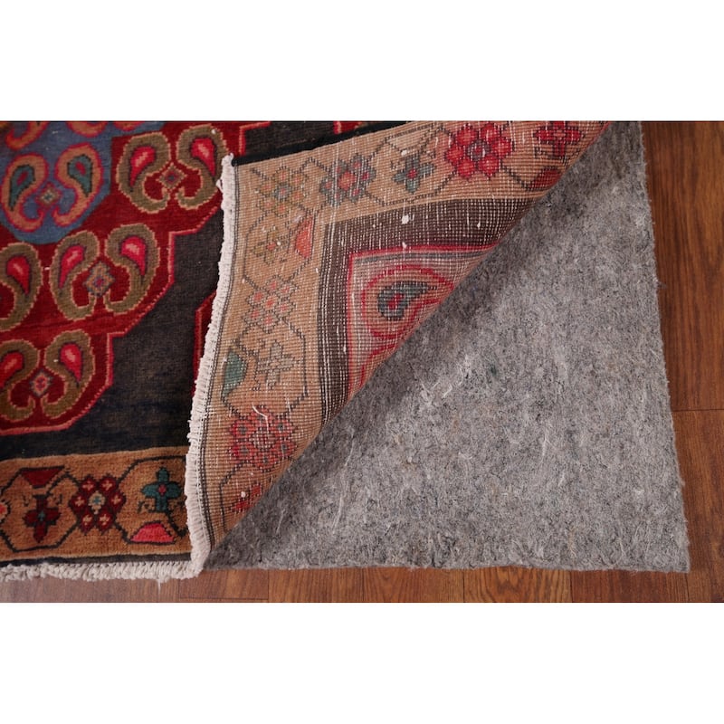 Black & Red Hamedan Persian Vintage Runner Rug Handmade Wool Carpet - 3'9" x 9'4"