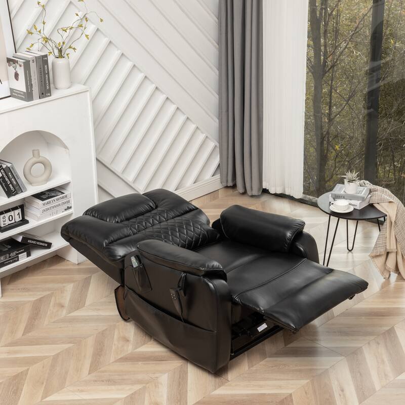 Black Oversized PU Leather Power Lift Recliner with Massage, Lumbar Heating, Side Pockets, 180° Flat Lay