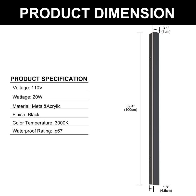 YANSUN 20W Outdoor Wall Light, Waterproof IP67,Warm White 3000K LED, Long Rectangular Outdoor Sconce for Patio, Garden, Porch