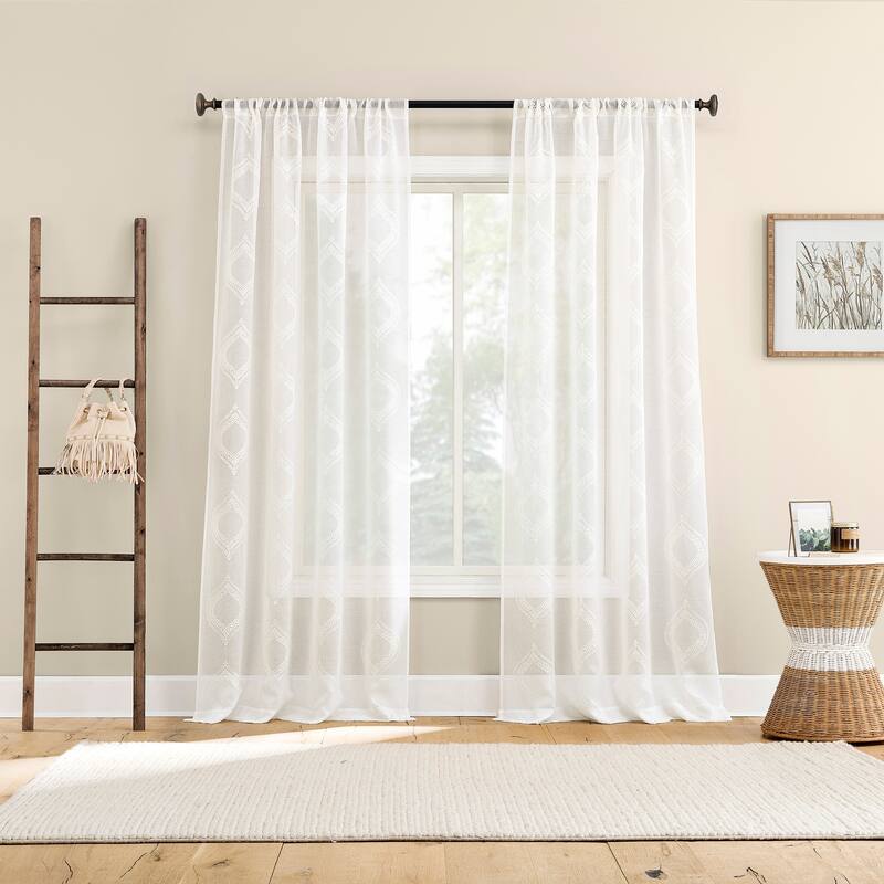 No. 918 Ravenna Embroidered Medallion Sheer Rod Pocket 1-Piece Curtain Panel, Single Panel