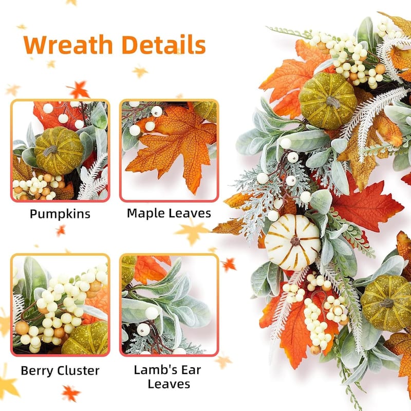 20" Thanksgiving Fall Pumpkins Autumn Wreath for Front Door - N/A