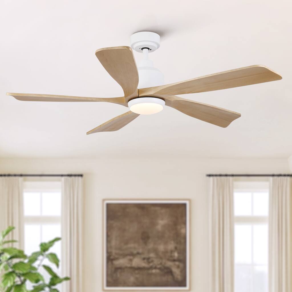 52 inch Natural Style Cozy Solid Wood White Ceiling Fan with Light, Quiet DC Motor