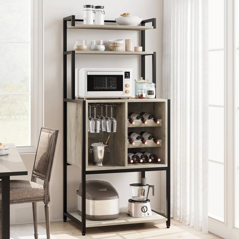 Bakers Rack for Kitchen, Kitchen Microwave Stand with Wine Rack and Glass Holder