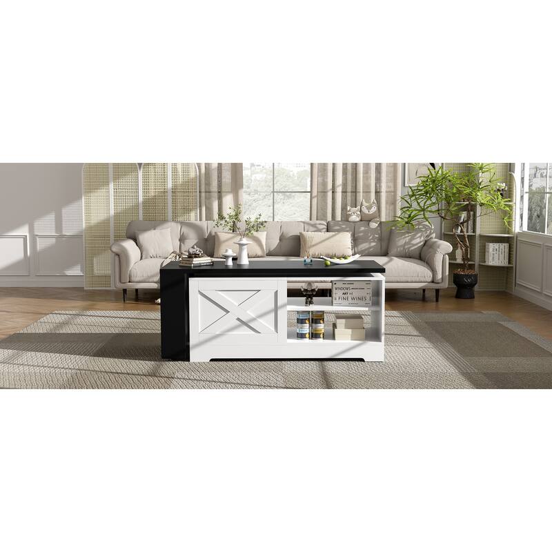 Farmhouse Lift Top Coffee Table With Barn Doors, Wood Rectangle Center Table With Large Hidden Storage Space