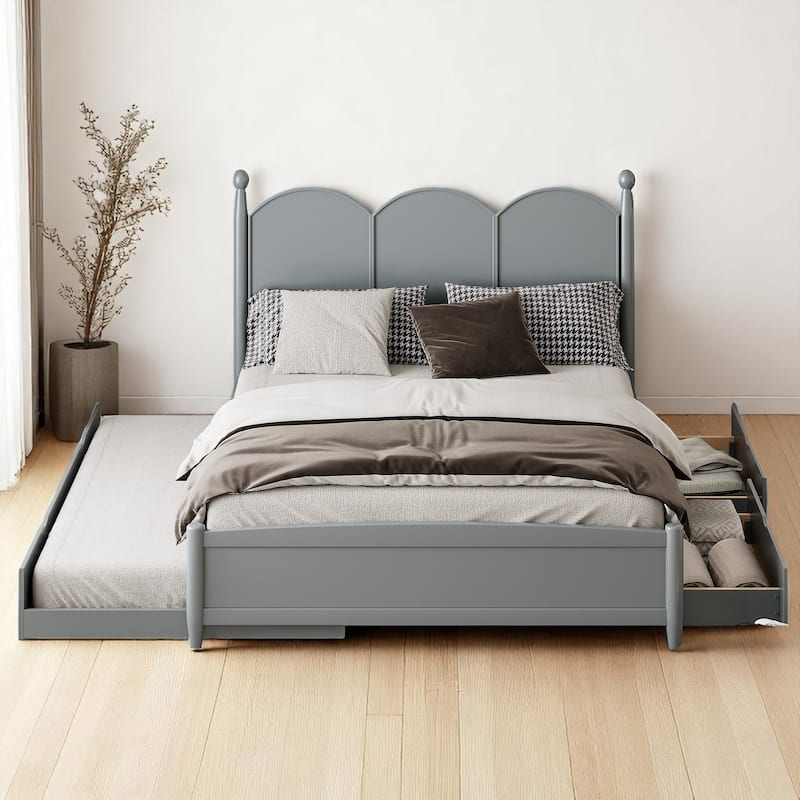 Rustic Queen Bed with Drawers and Pull-Out Twin XL Trundle, Solid Pine Platform Bed with Storage