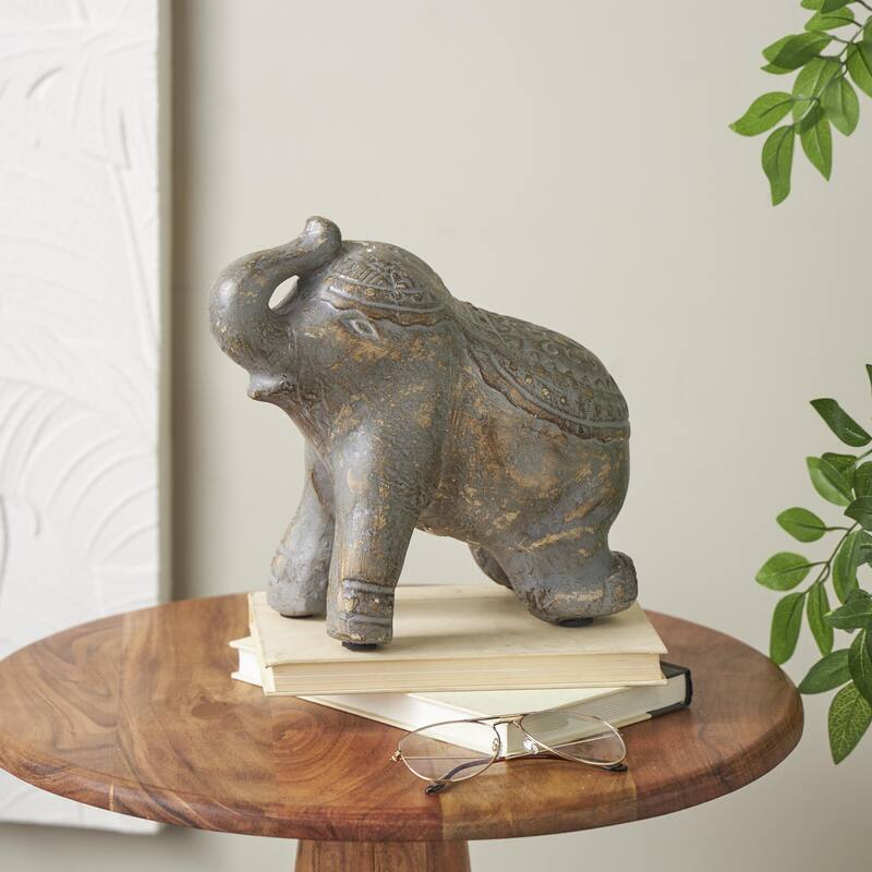 Dark Gray Paper Mache Handmade Distressed Carved Elephant Decorative Sculpture with Wood Inspired Accents - Dark Gray