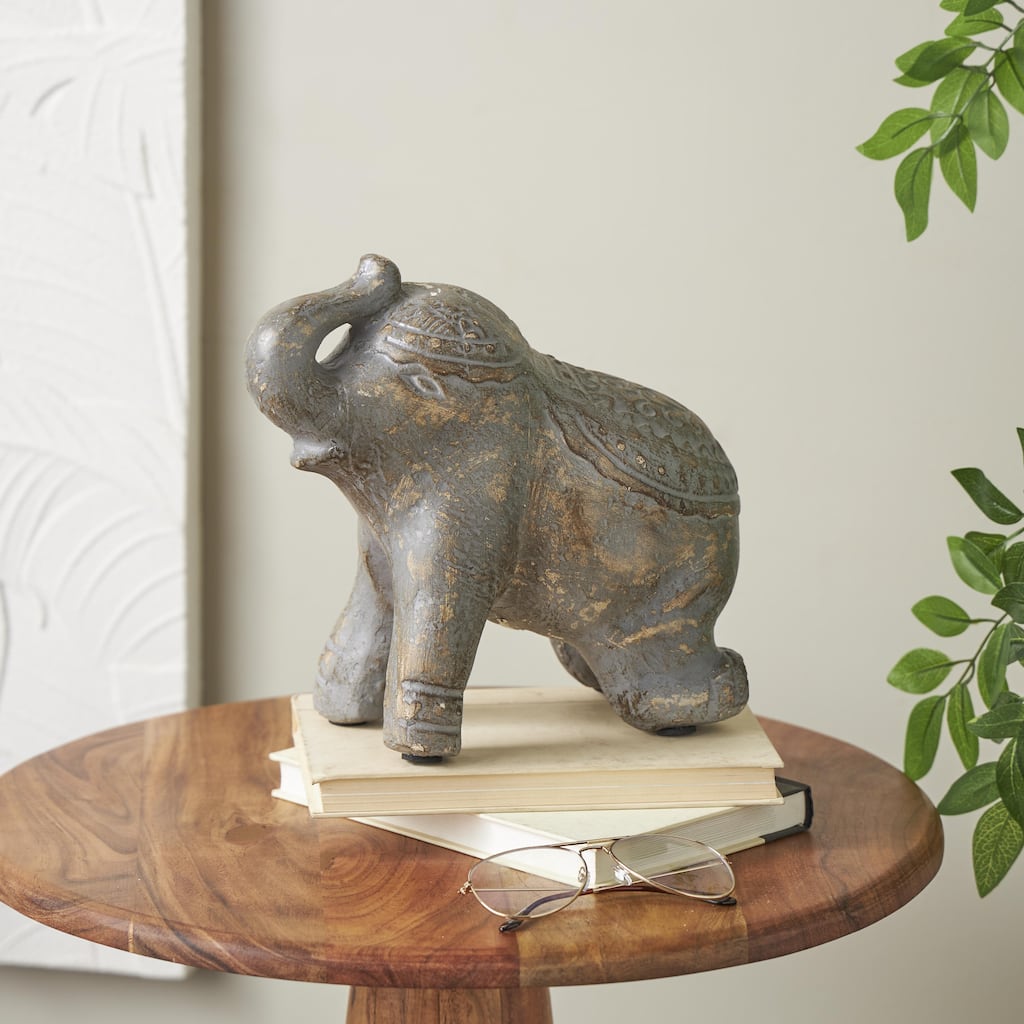 Dark Gray Paper Mache Handmade Distressed Carved Elephant Decorative Sculpture with Wood Inspired Accents