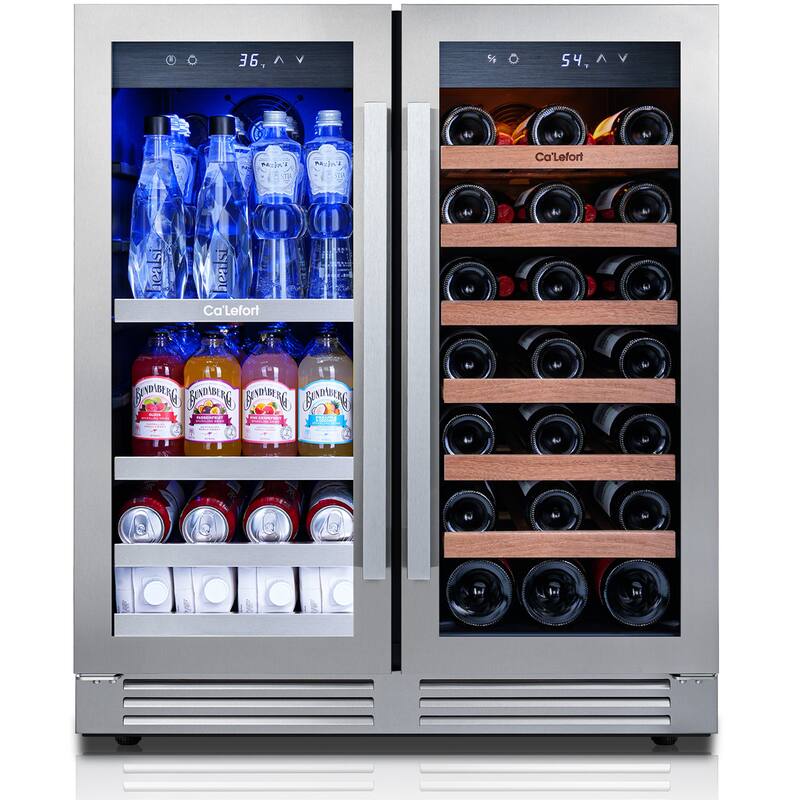 Ca'Lefort 30 in. 33-Bottles and 80 Cans Beverage Wine Cooler Dual Zone Refrigerator Built-in or Freestanding French Door Fridge