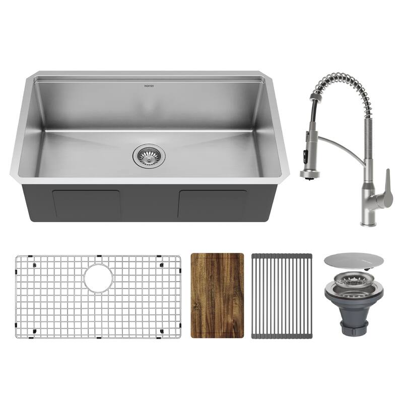 Elite 32" Undermount Workstation 16 Gauge Single Bowl Stainless Steel Kitchen Sink with Scottsdale Pull-Down Faucet