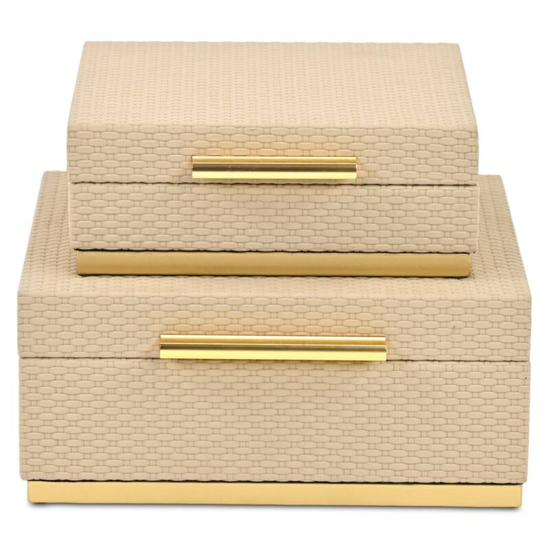 Tamsin Set of 2 Square Decorative Storage Boxes - Wicker Weave Pattern with Gold Hardware