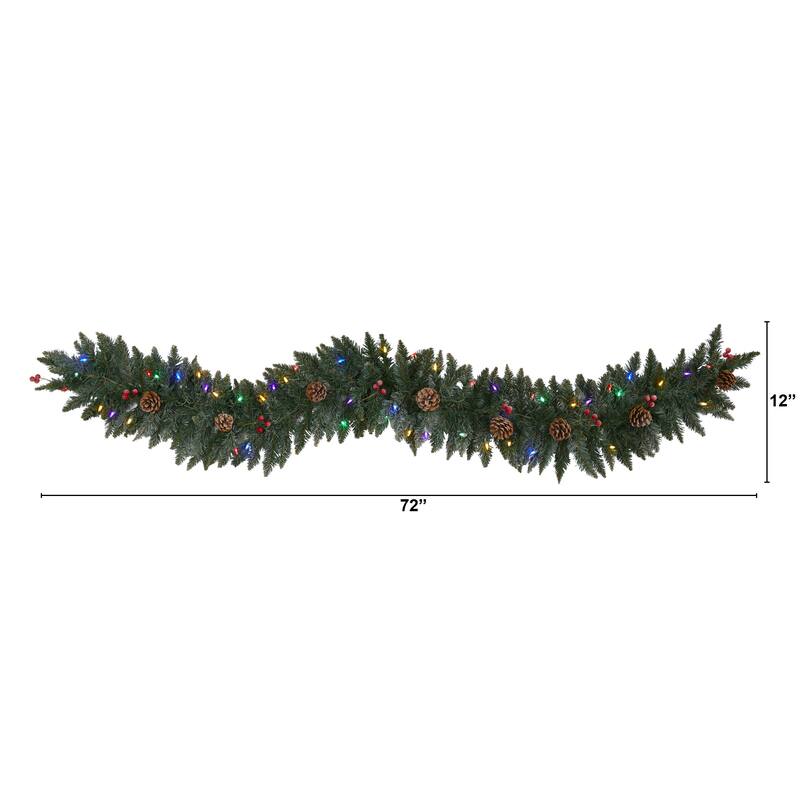 6' Snow Dusted Artificial Christmas Garland with 50 Multicolored LED Lights, Berries and Pinecones - 72