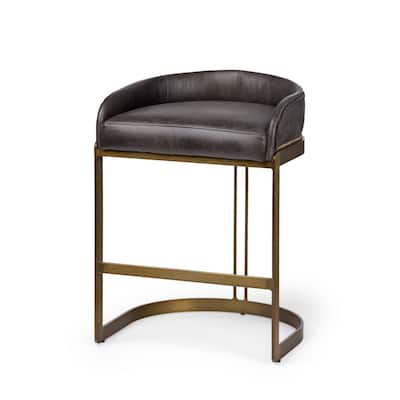 29" Black Leather Antiqued Gold Low Back Counter Stool - 19.75"W x 20.5"D x 29"H