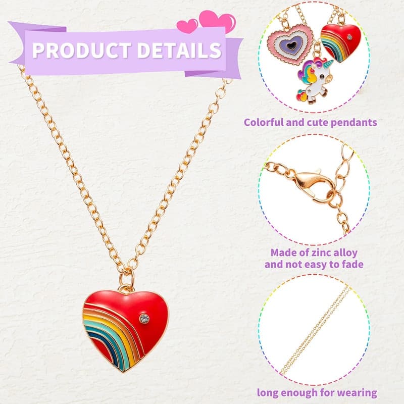 14 Pcs Valentine's Day Cute Necklaces for Teen Girls, Featuring Love Heart Shapes, Unicorns, and Rainbows, with 10 Unique Design