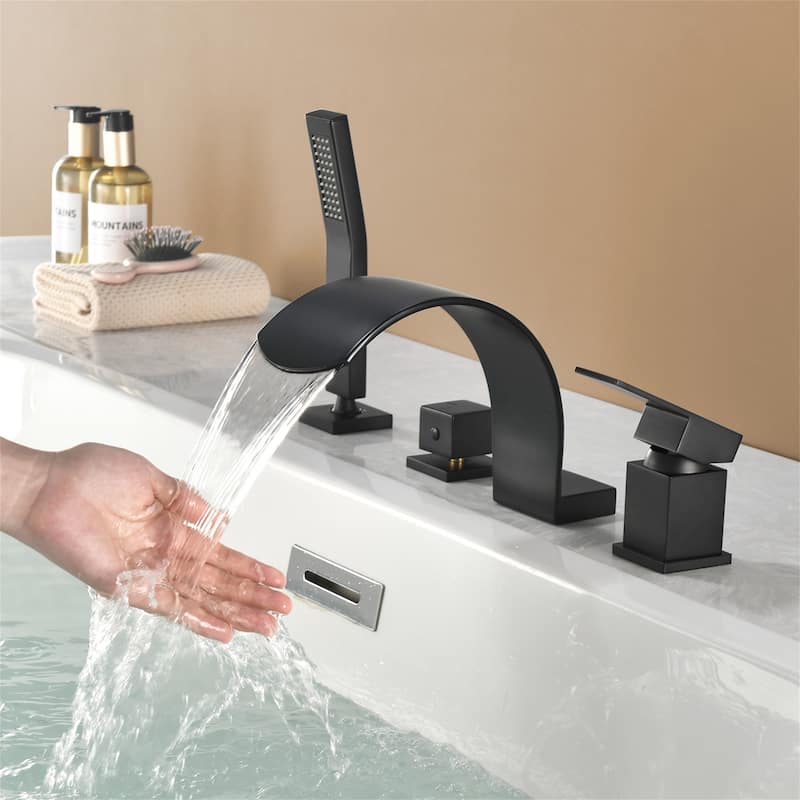 Deck Mount Waterfall Tub Faucet With Handheld Shower Brass 4 Holes Roman Bathtub Faucet Modern Tub Filler With Hnad Sprayer