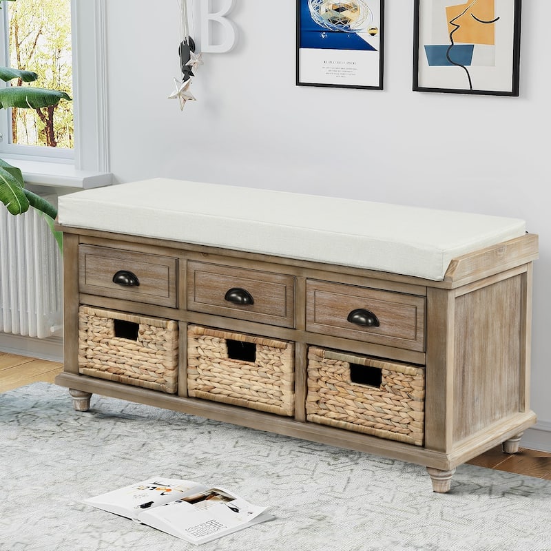 Classic Farmhouse Style Storage Bench with a Removable Linen Blend Seat Cushion - White Washed Wood