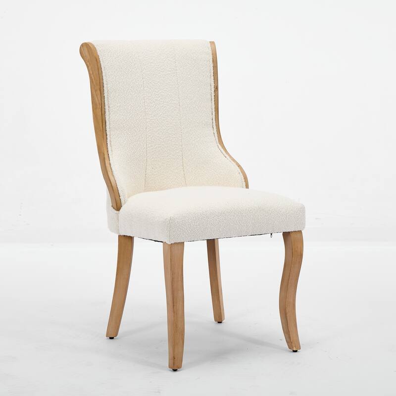 Snow Velvet Dining Chairs, Mid-Century Style with Curved Wood Trim & Sculpted Legs, Set of 2, Beige