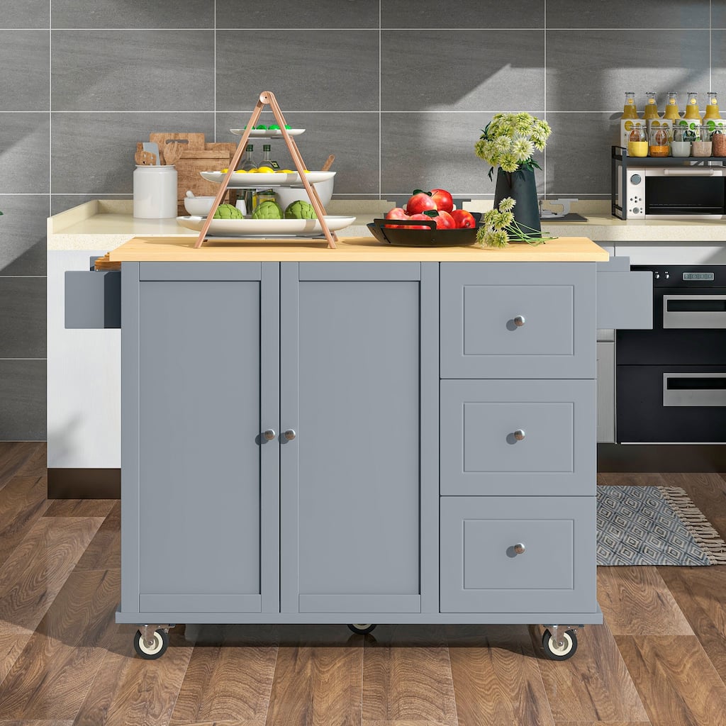 Kitchen Island Cart on Locking Wheels, Drop Leaf Breakfast Bar, Rolling Island Cart with Solid Wood Top & Adjustable Shelves