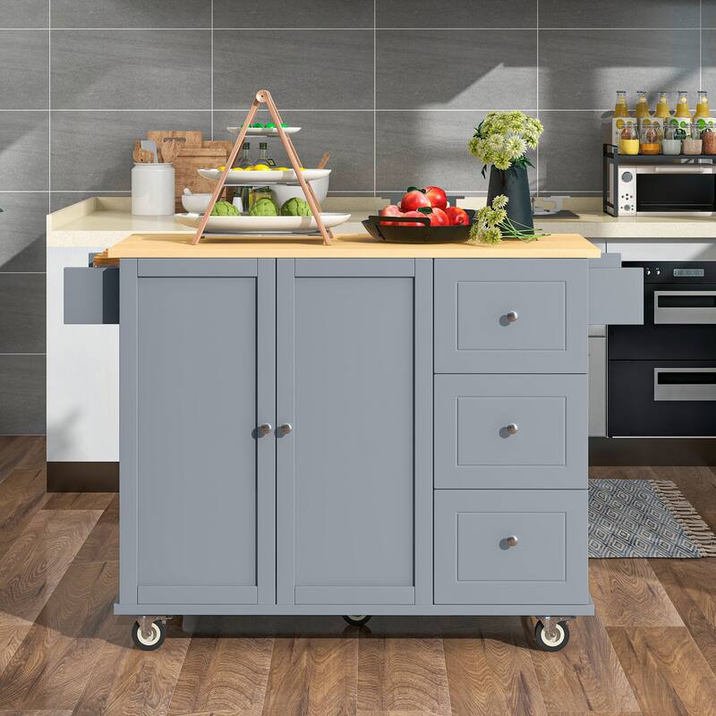 Multi-Functional Kitchen Island on Wheels with Expandable Drop Leaf, Large Storage & Sturdy Wood Surface