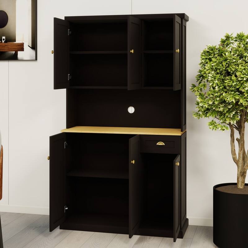 71" Modern Kitchen Pantry Cabinet with Microwave Countertop, Adjustable Shelves & Drawer