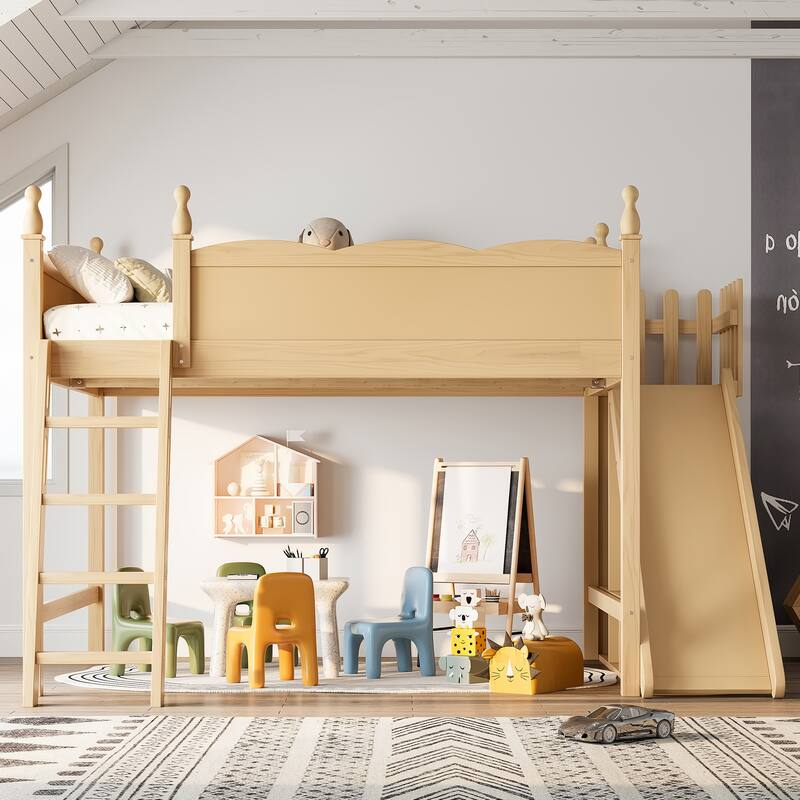 Queen Loft Bed with Storage Shelves and Wardrobe, Solid Wood Loft Beds with Detachable Slide and Ladders, No Spring Box Needed