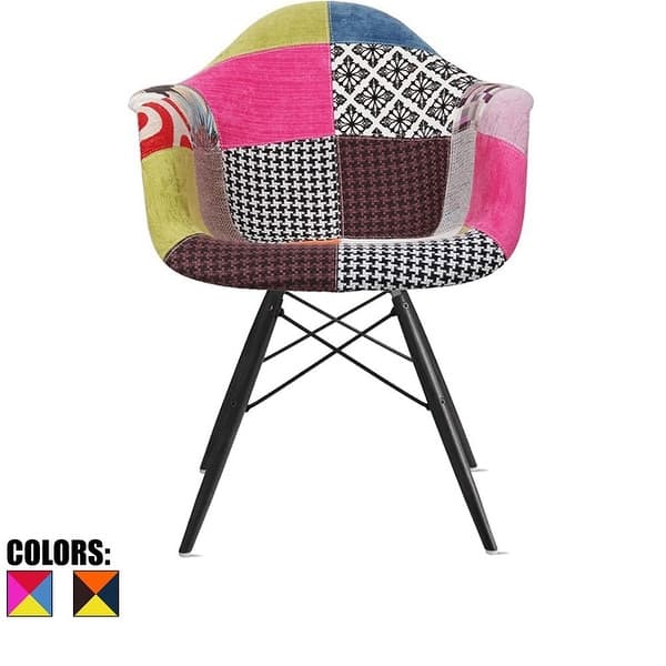 slide 2 of 2, Modern Plastic Armchair With Arm Dining Chair Patchwork Fabric With Dark Black Wood Legs