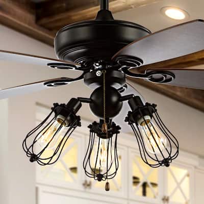 Zara 52" Caged 3-Light Metal/Wood LED Ceiling Fan, Black by JONATHAN Y