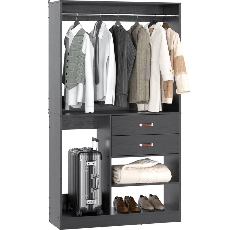 Rackcog Freestanding Closet Organizer with Hanging Rod, Closet System Wardrobe with Wood Drawers