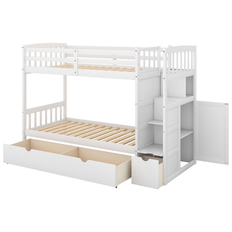 Twin over Full Bunk Bed, Convertible Bottom Bed, Storage Shelves and Drawers, White