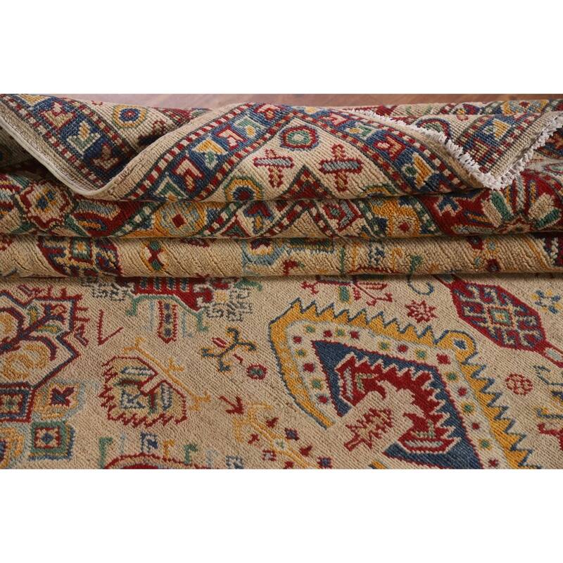 Hand Knotted Oriental 100% Wool Carpet Traditional Tribal Beige & Ivories Kazak Area Rug - 9' 6'' X 6' 9''