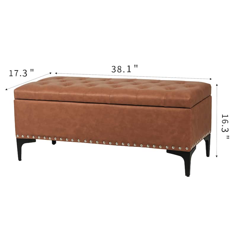 Adeco Rectangle Storage Ottoman 38" Button Tufted Long Bench with Metal Legs