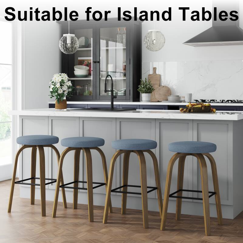 Swivel Bar Stools Set of 2, Bar Height Backless 30″Bar Stool, Fabric Upholstered Seat, Sturdy Wood Legs and Metal Footrest