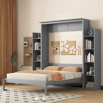 Nestfair Queen Size Murphy Bed Wall Bed with Shelves and LED Lights
