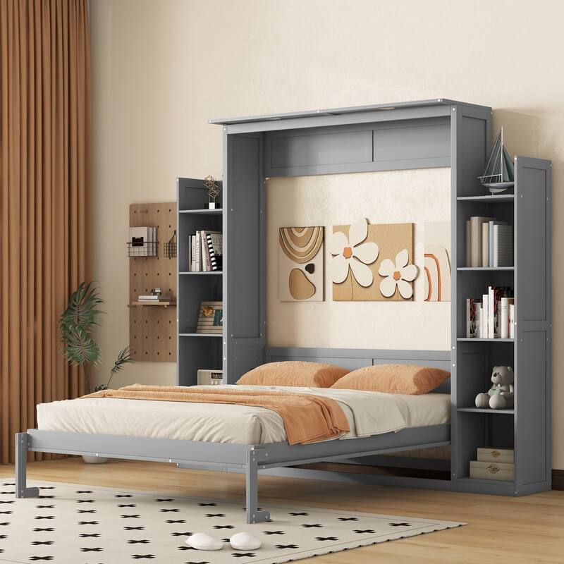 Wooden Wall Murphy Bed with Side Bookshelf & LED Lights