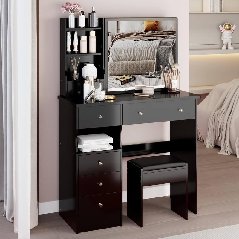 37" Middle Size Left Drawer Vanity Table + Cushioned Stool, Extra Large Right Sliding Mirror, Multi Layer High Capacity Storage
