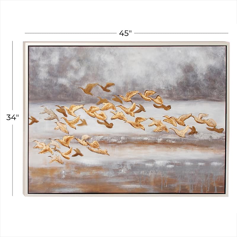 Canvas Bird Framed Wall Art with Silver Frame - Gold - Roche River Decor