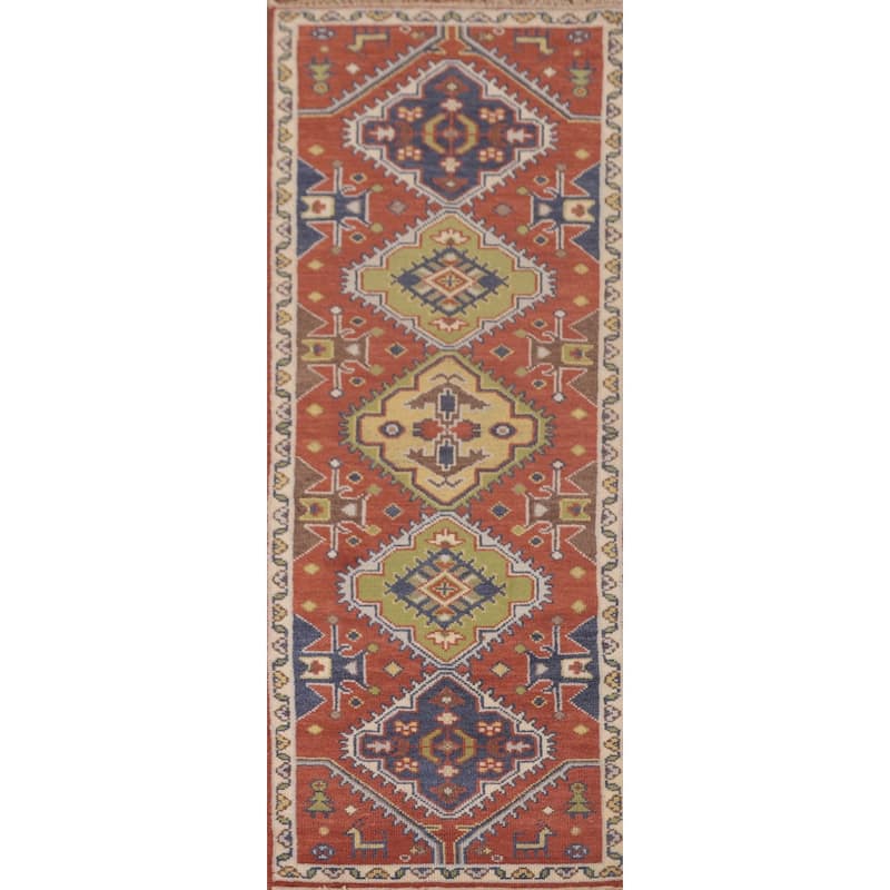 Orange Geometric Kazak Oriental Runner Rug Handmade Wool Carpet - 2'7"x 7'10"
