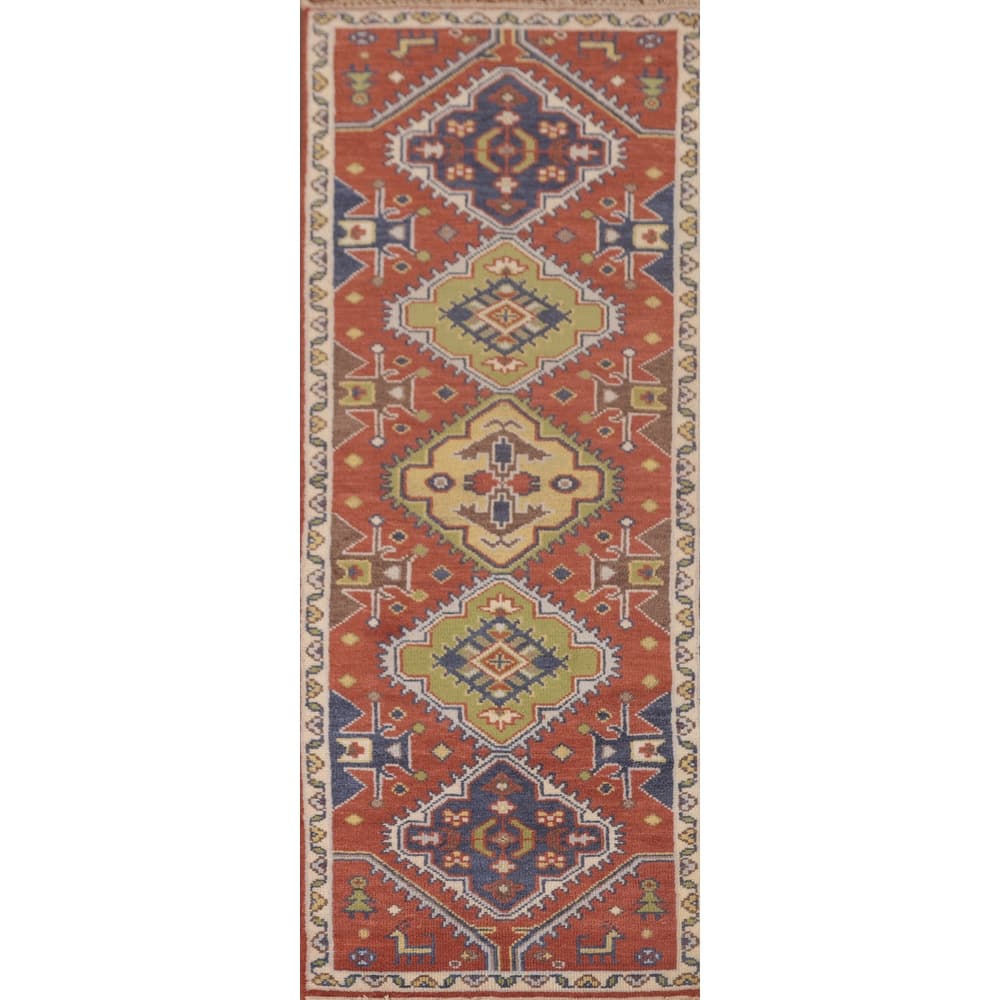 Orange Geometric Kazak Oriental Runner Rug Handmade Wool Carpet - 2'7"x 7'10"