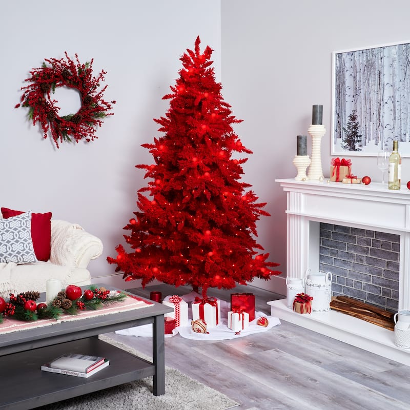 7ft. Red Flocked Fir Artificial Christmas Tree with 500 Red Lights, 40 Globe Bulbs & 1039 Branches - Bold Festive X-Mas Tree