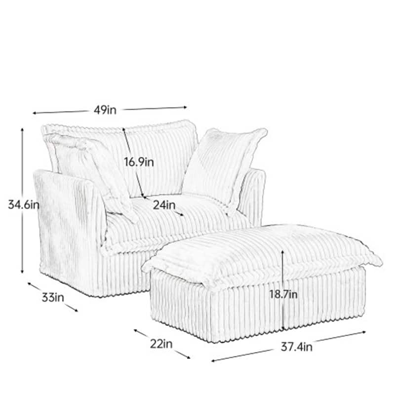 Corduroy Slipcovered Deep Seat Armchair with Ottoman & Large Soft Pillows