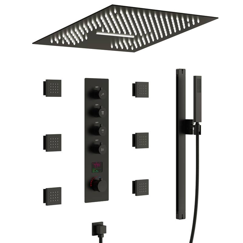 Digital Thermostatic Shower Set with Remote-Control LED Lights, Rainfall/Waterfall Combo and Massaging Jets