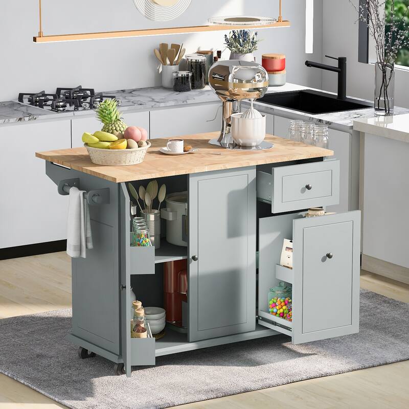 Kitchen Island with Drop Leaf, 53.9" Width Rolling Kitchen Cart on Wheels with Internal Storage Rack