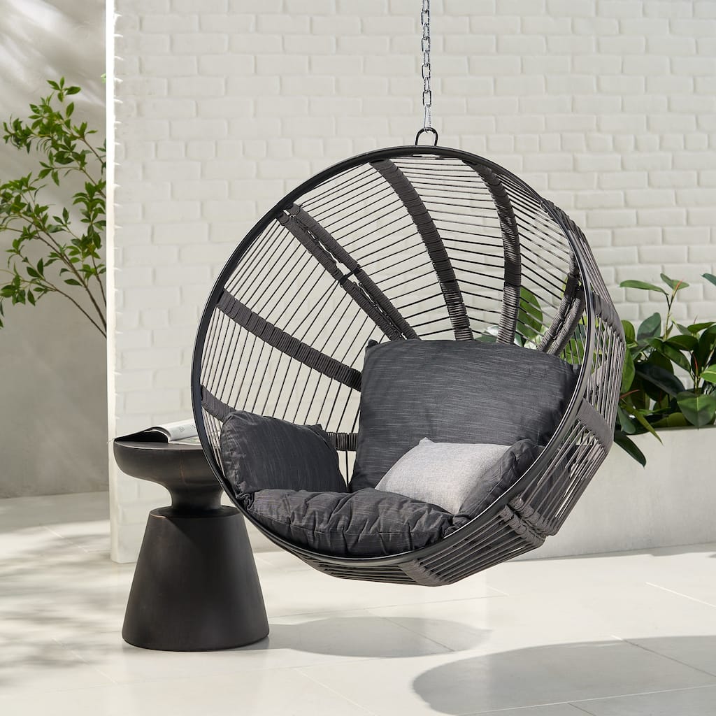 Roomfitters Modern Round Hanging Basket Swing, Large Spherical Wicker Frame with Plush Cushions for Outdoor Patio Seating, Black