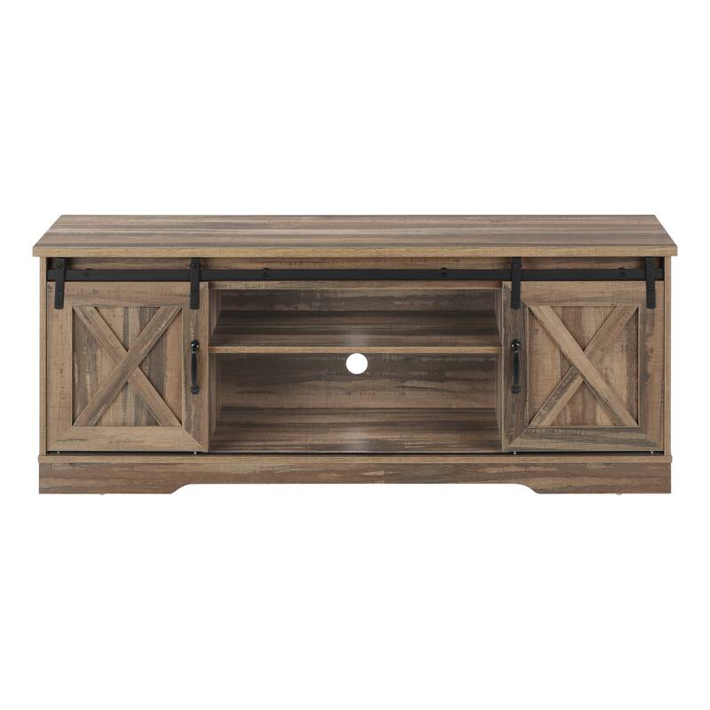 Modern-Farmhouse 60-Inch TV Stand, Sliding Barn Doors, Adjustable Shelves, Storage Cabinet