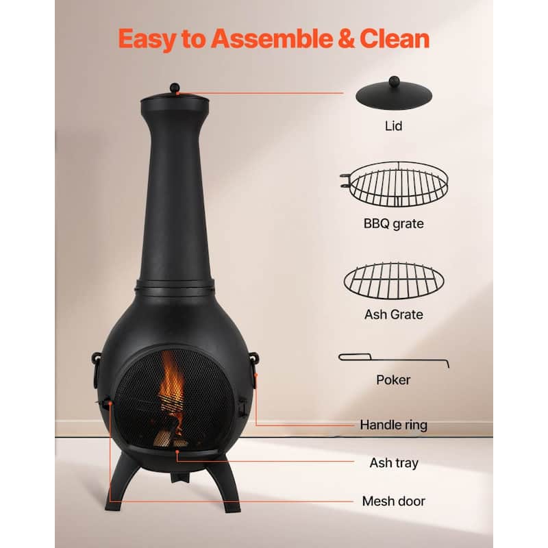 Black Aluminum Spherical Chiminea with BBQ Grill and Rainproof Cover