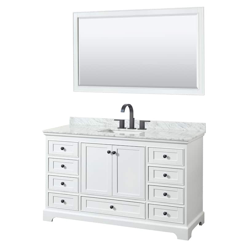 Deborah 60-inch Single Bathroom Vanity, 58-inch Mirror - White, Black Trim, White Carrara Marble Top