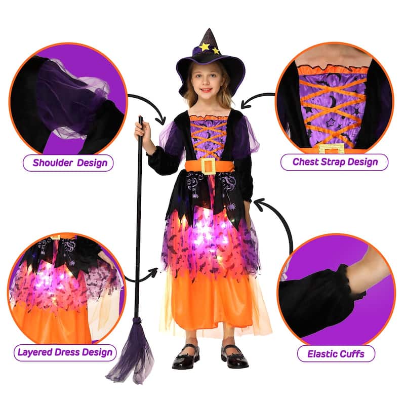 Halloween Witch Costume for Girls Toddler,Light Up Witch Costume,M