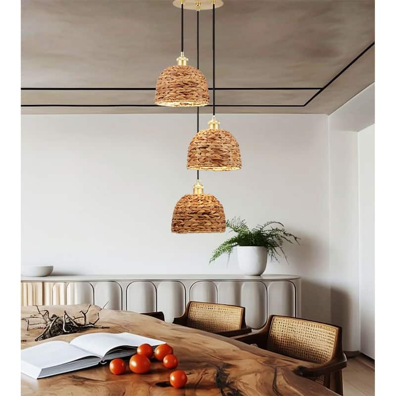 3-Light Brass Farmhouse Pendant Light with Natural Rattan Woven Shades - N/A - Brown/Brass